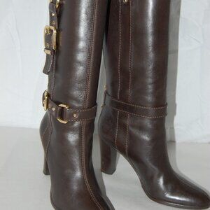 37.5/7.5❤️ Dolce & Gabbana Brown Leather High Heels Mid Calf Tall Biker BOOTS …